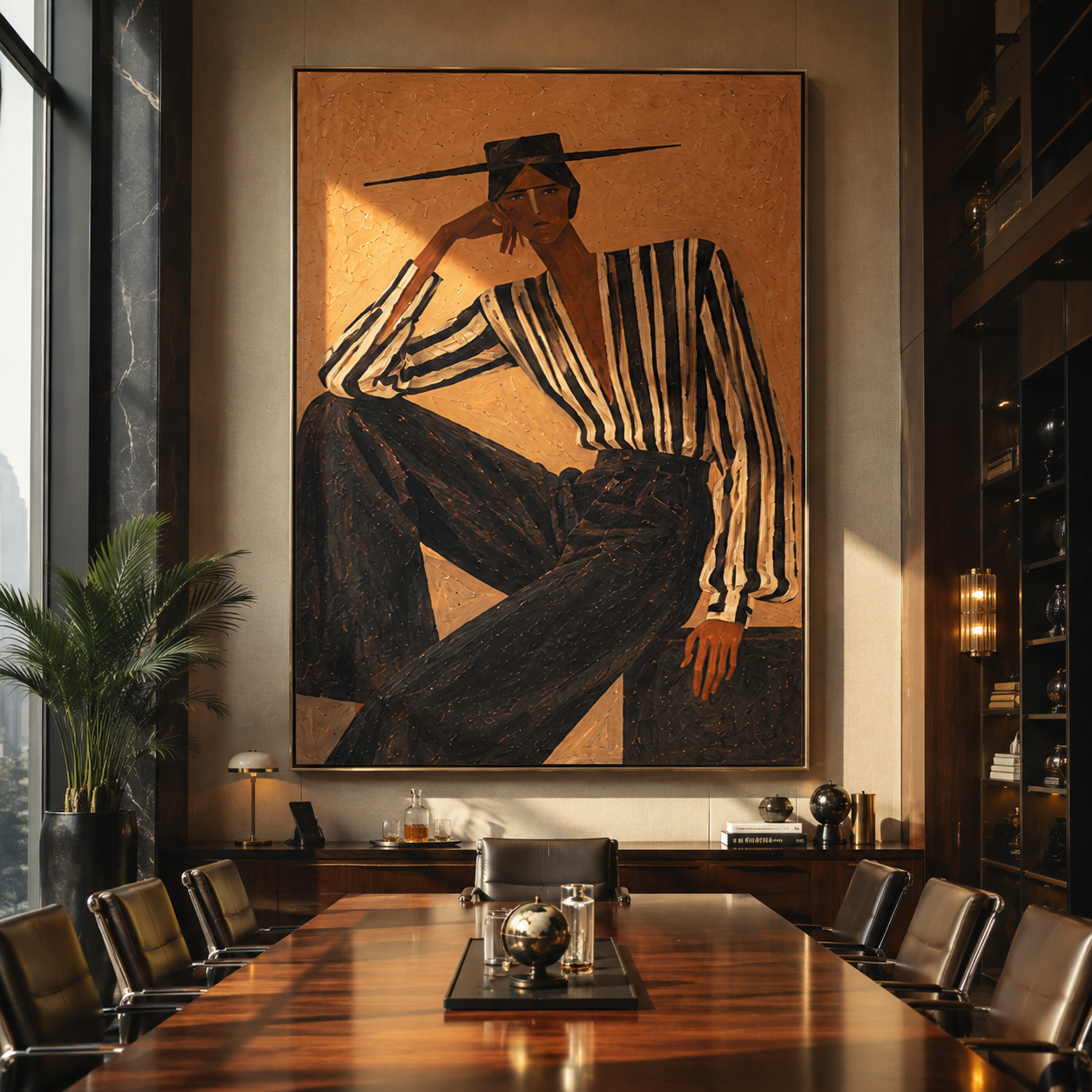 Black Stripes Lean into Terra - Reclining Stripe Figure painting by Adrian Lee, mid-century modern vertical wall art – styled room scene view 3