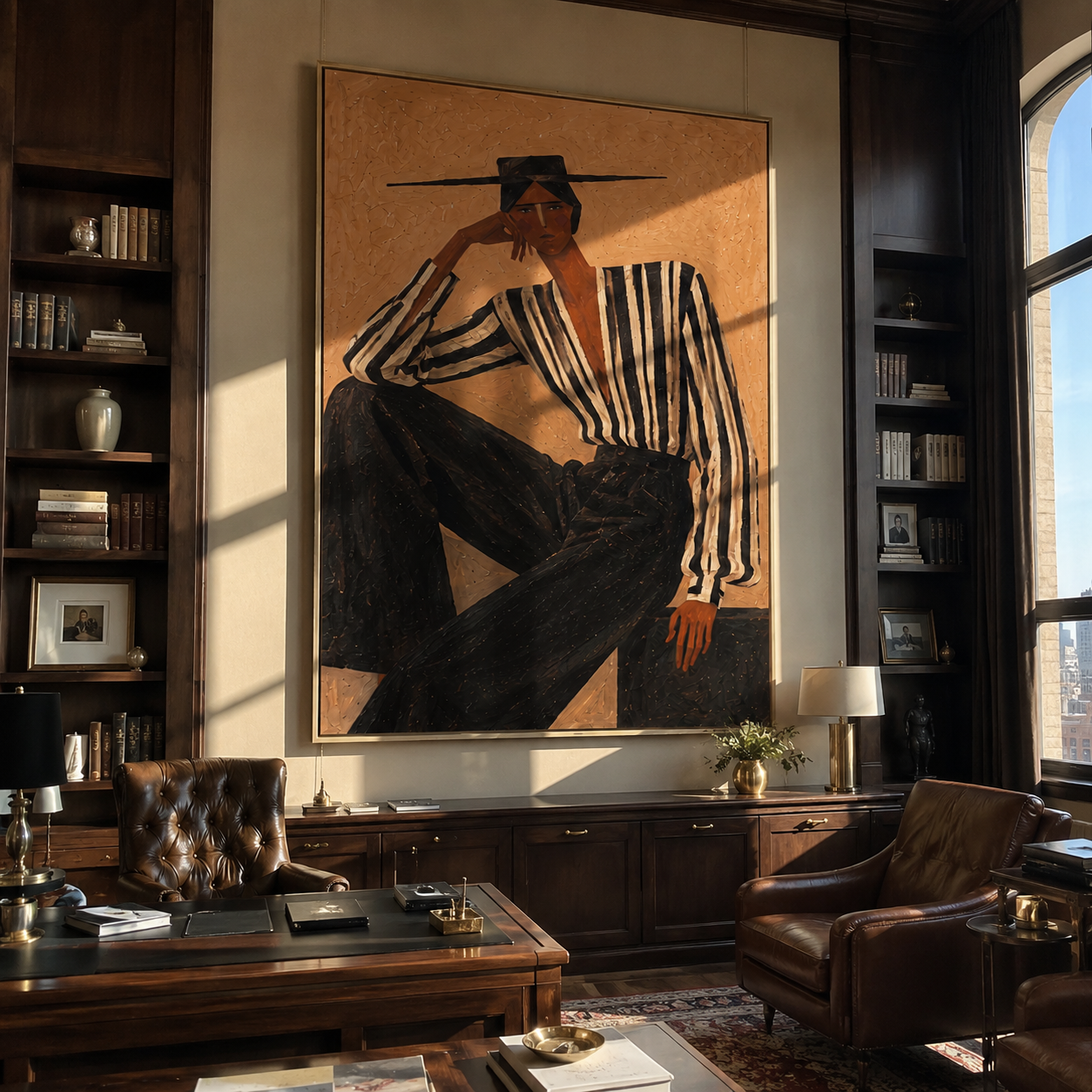 Black Stripes Lean into Terra - Reclining Stripe Figure painting by Adrian Lee, mid-century modern vertical wall art – styled room scene view 4