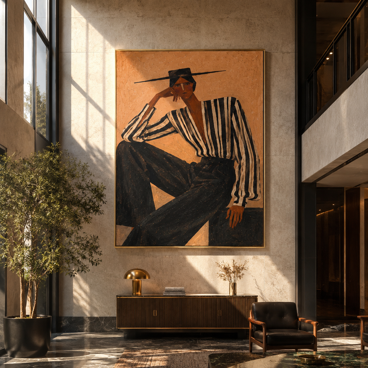 Black Stripes Lean into Terra - Reclining Stripe Figure painting by Adrian Lee, mid-century modern vertical wall art – styled room scene view 5
