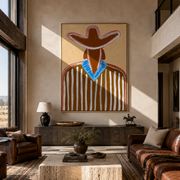 Blue Collar Brightens Brown - Brown Stripe Cowboy Portrait painting by Adrian Lee, mid-century modern vertical wall art – styled room scene view 1