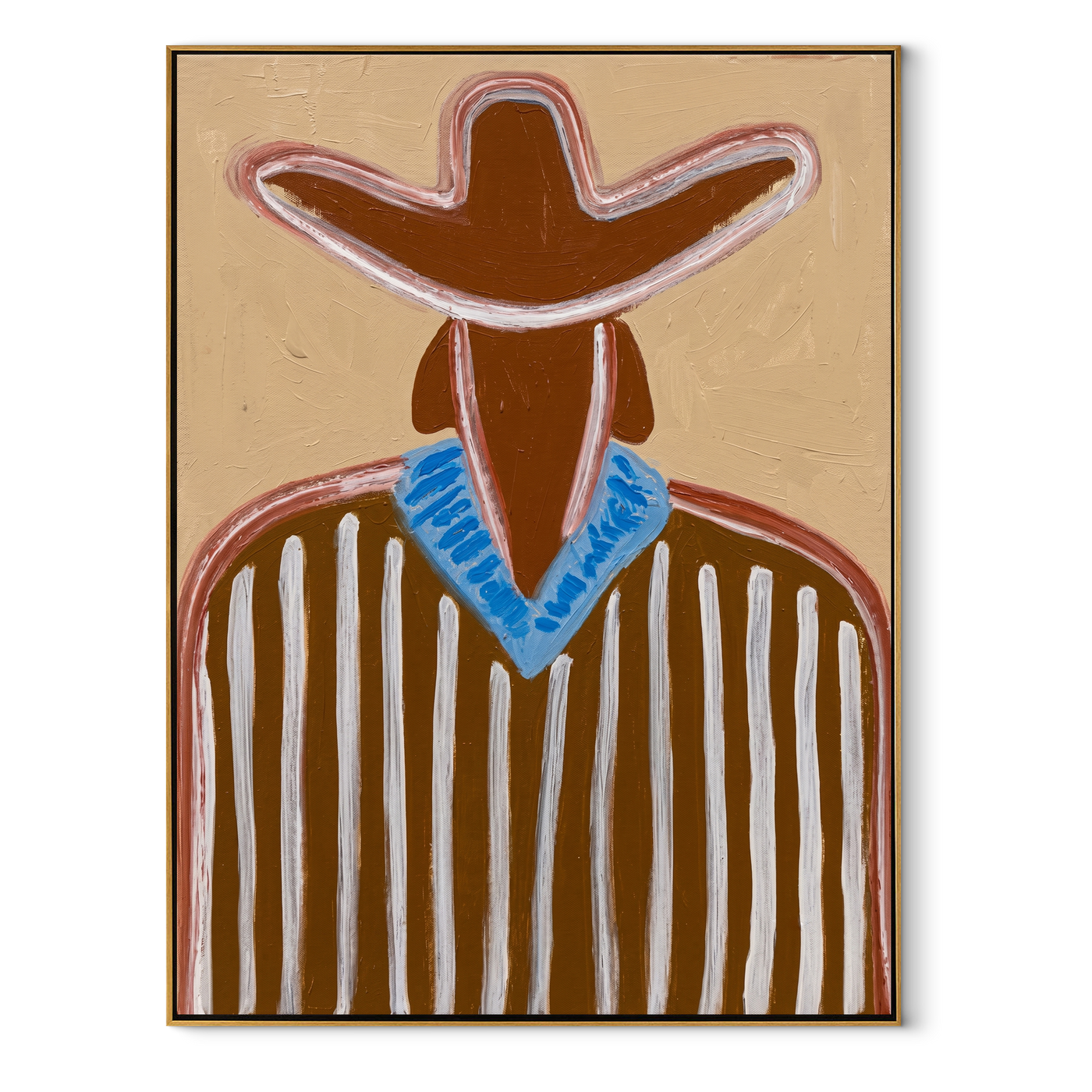 Blue Collar Brightens Brown - Brown Stripe Cowboy Portrait painting by Adrian Lee, mid-century modern vertical wall art – wood frame on white background