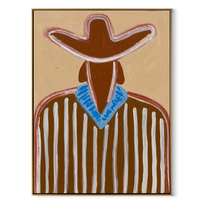 Blue Collar Brightens Brown - Brown Stripe Cowboy Portrait painting by Adrian Lee, mid-century modern vertical wall art – wood frame on white background