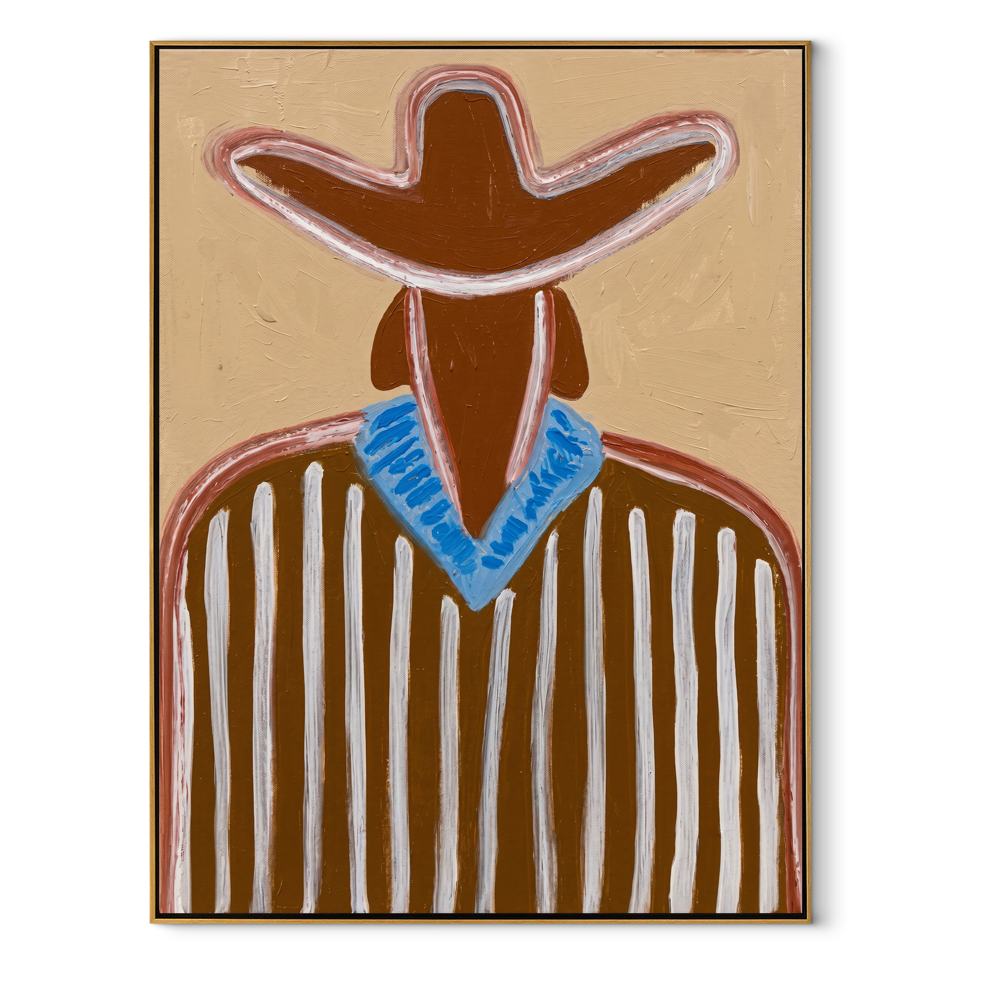 Blue Collar Brightens Brown - Brown Stripe Cowboy Portrait painting by Adrian Lee, mid-century modern vertical wall art – wood frame on white background