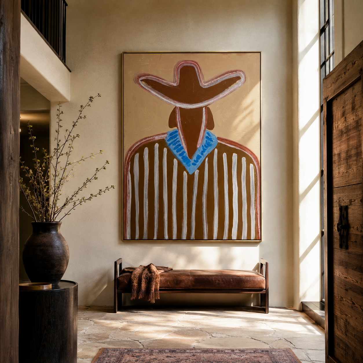 Blue Collar Brightens Brown - Brown Stripe Cowboy Portrait painting by Adrian Lee, mid-century modern vertical wall art – styled room scene view 2