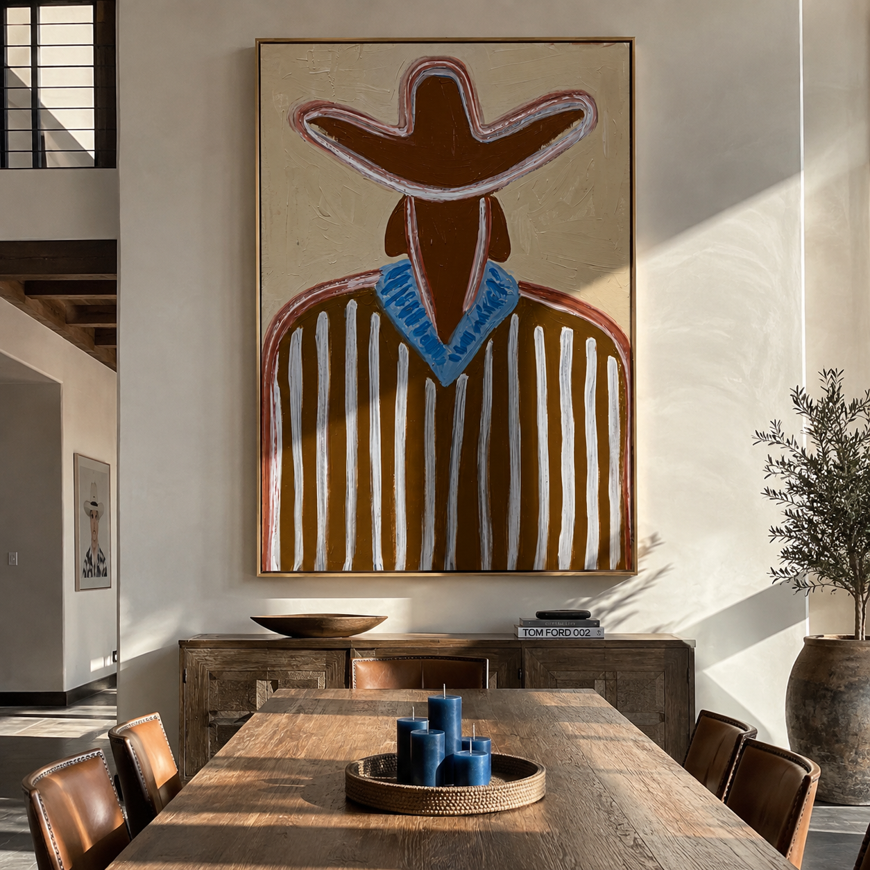 Blue Collar Brightens Brown - Brown Stripe Cowboy Portrait painting by Adrian Lee, mid-century modern vertical wall art – styled room scene view 3