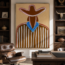 Blue Collar Brightens Brown - Brown Stripe Cowboy Portrait painting by Adrian Lee, mid-century modern vertical wall art – styled room scene view 4