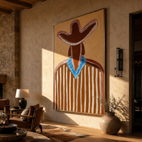 Blue Collar Brightens Brown - Brown Stripe Cowboy Portrait painting by Adrian Lee, mid-century modern vertical wall art – styled room scene view 5