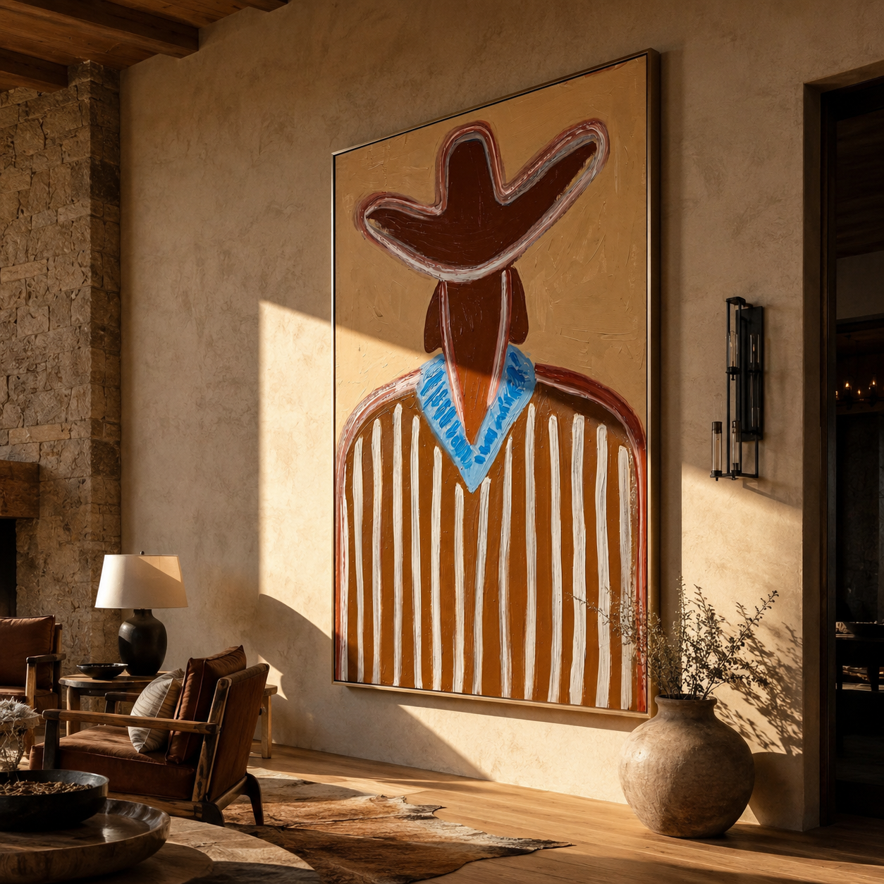 Blue Collar Brightens Brown - Brown Stripe Cowboy Portrait painting by Adrian Lee, mid-century modern vertical wall art – styled room scene view 5