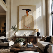 Ivory Lines Hold the Red Cord - Ivory Stripe Standing Figure painting by Adrian Lee, mid-century modern vertical wall art – styled room scene view 1