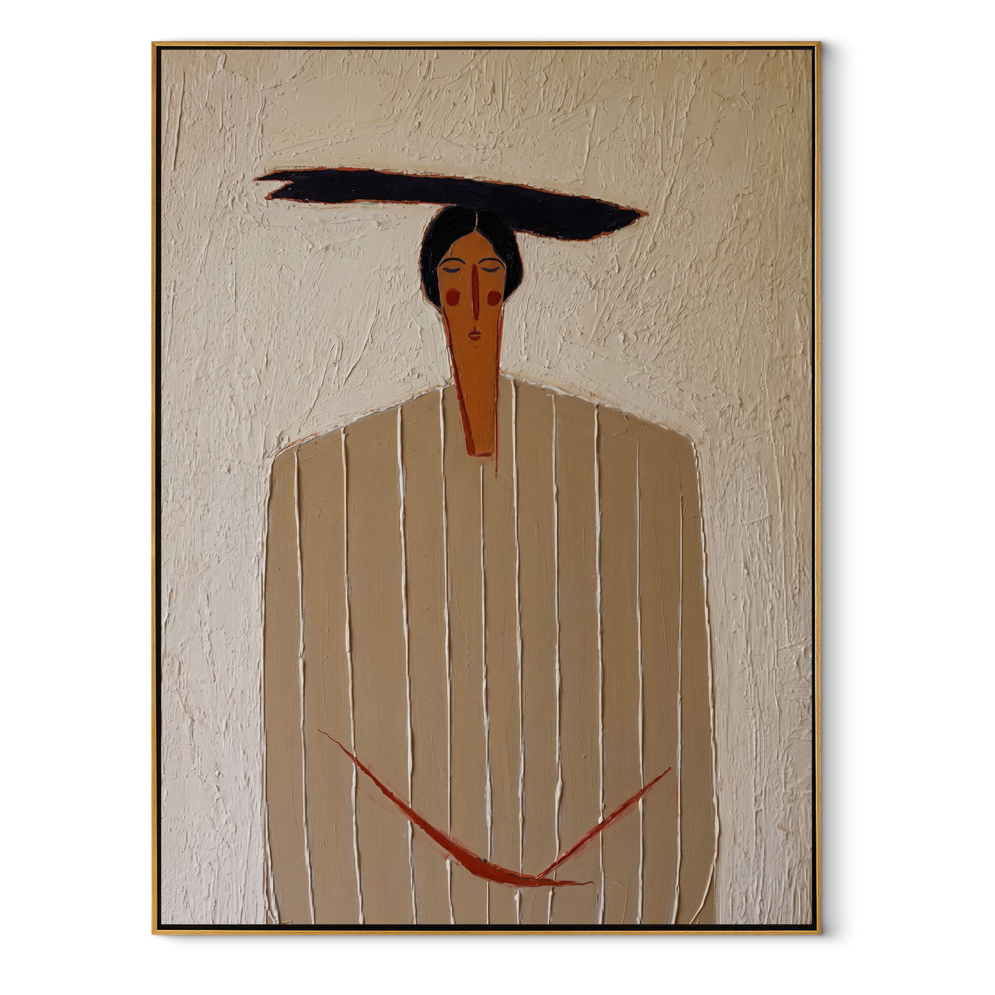 Ivory Lines Hold the Red Cord - Ivory Stripe Standing Figure painting by Adrian Lee, mid-century modern vertical wall art – wood frame on white background