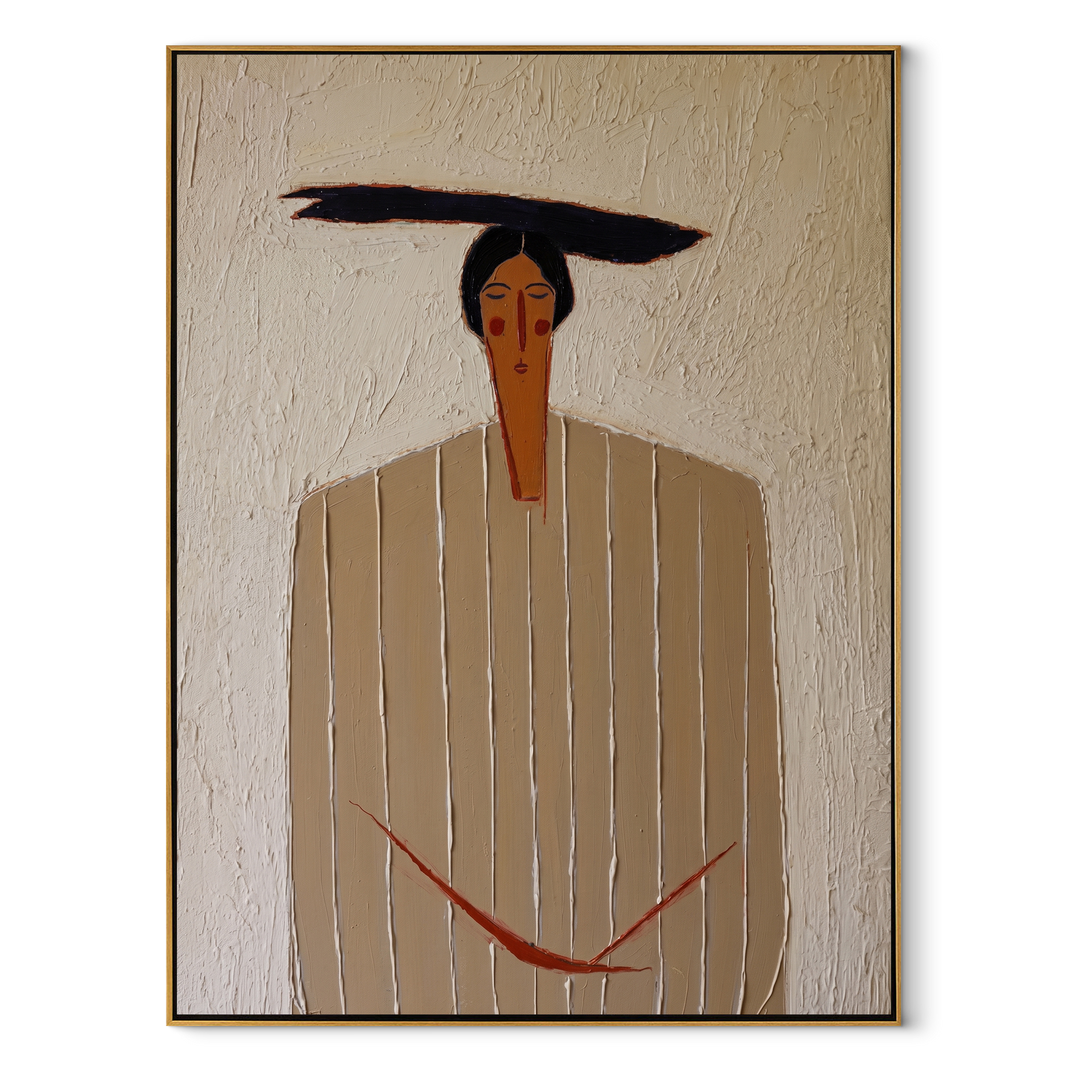 Ivory Lines Hold the Red Cord - Ivory Stripe Standing Figure painting by Adrian Lee, mid-century modern vertical wall art – wood frame on white background