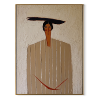Ivory Lines Hold the Red Cord - Ivory Stripe Standing Figure painting by Adrian Lee, mid-century modern vertical wall art – wood frame on white background