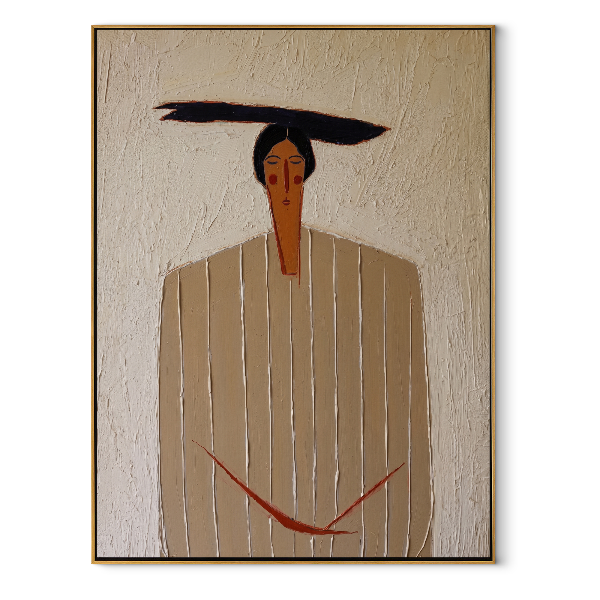Ivory Lines Hold the Red Cord - Ivory Stripe Standing Figure painting by Adrian Lee, mid-century modern vertical wall art – wood frame on white background