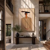 Ivory Lines Hold the Red Cord - Ivory Stripe Standing Figure painting by Adrian Lee, mid-century modern vertical wall art – styled room scene view 2