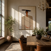 Ivory Lines Hold the Red Cord - Ivory Stripe Standing Figure painting by Adrian Lee, mid-century modern vertical wall art – styled room scene view 3