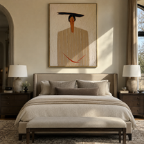 Ivory Lines Hold the Red Cord - Ivory Stripe Standing Figure painting by Adrian Lee, mid-century modern vertical wall art – styled room scene view 4
