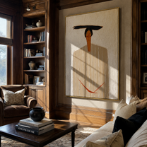 Ivory Lines Hold the Red Cord - Ivory Stripe Standing Figure painting by Adrian Lee, mid-century modern vertical wall art – styled room scene view 5