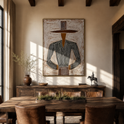 Charcoal Jacket Meets Pink Field - Charcoal Hat Figure painting by Adrian Lee, mid-century modern vertical wall art – styled room scene view 1