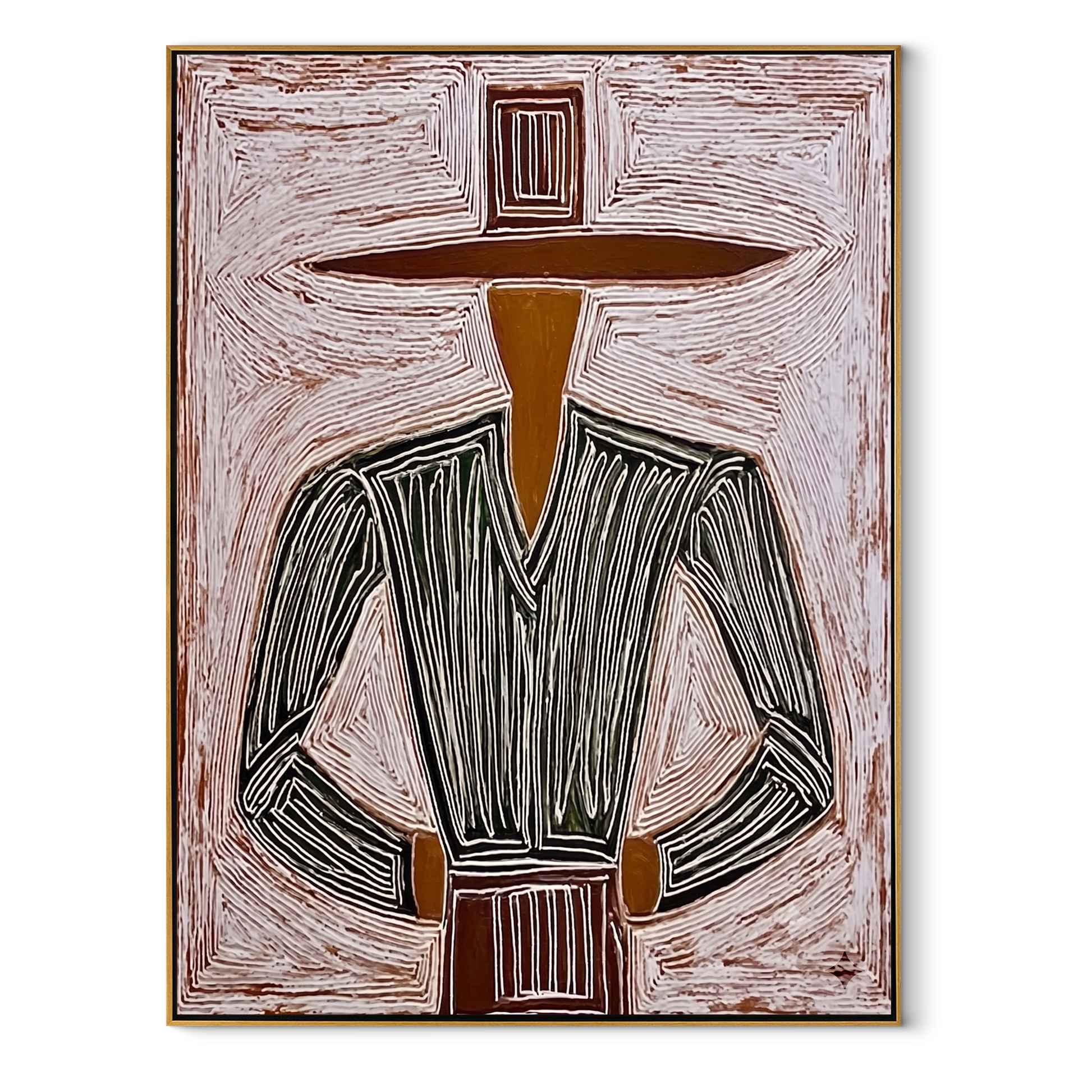 Charcoal Jacket Meets Pink Field - Charcoal Hat Figure painting by Adrian Lee, mid-century modern vertical wall art – wood frame on white background