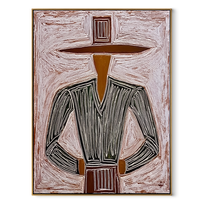Charcoal Jacket Meets Pink Field - Charcoal Hat Figure painting by Adrian Lee, mid-century modern vertical wall art – wood frame on white background