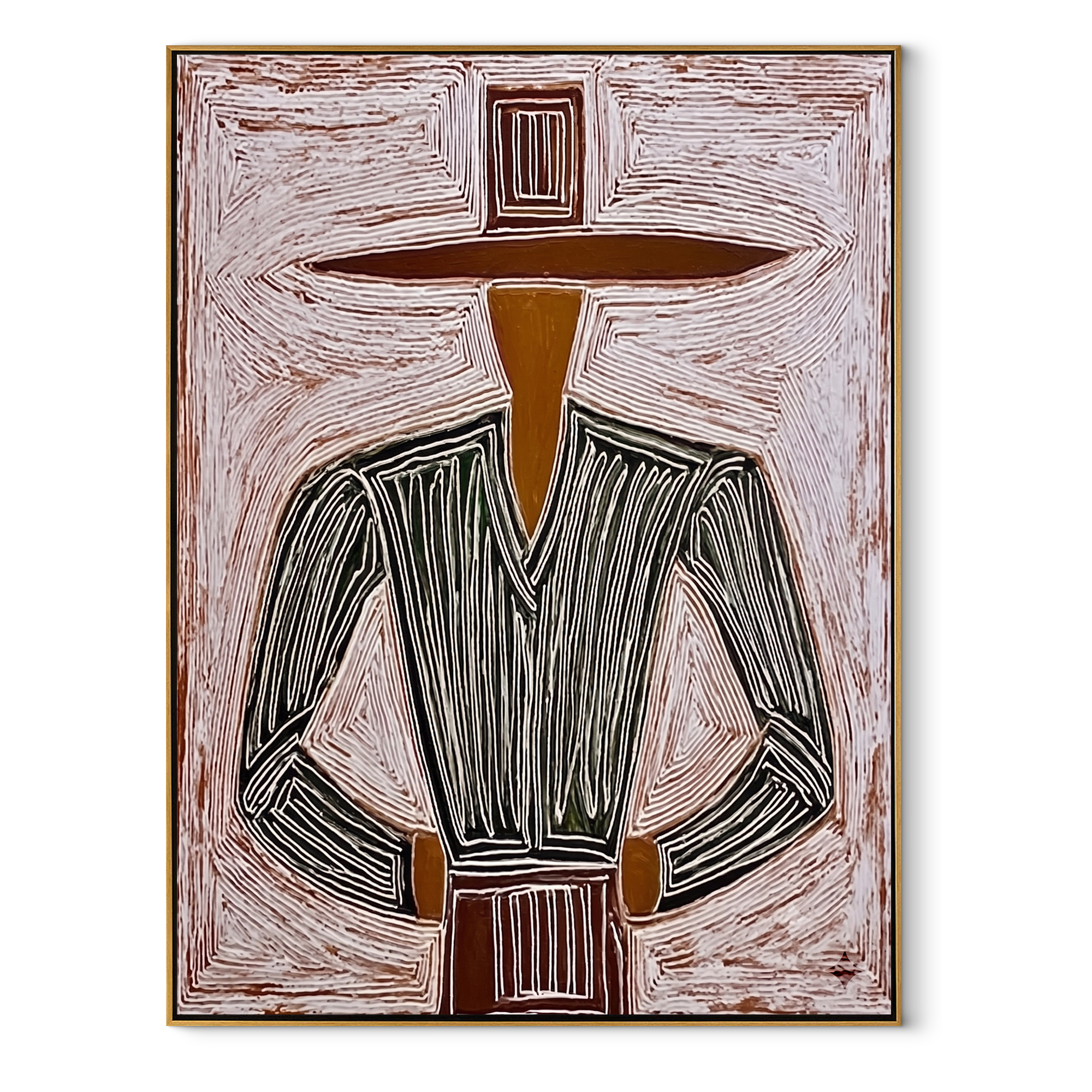 Charcoal Jacket Meets Pink Field - Charcoal Hat Figure painting by Adrian Lee, mid-century modern vertical wall art – wood frame on white background