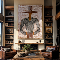 Charcoal Jacket Meets Pink Field - Charcoal Hat Figure painting by Adrian Lee, mid-century modern vertical wall art – styled room scene view 2