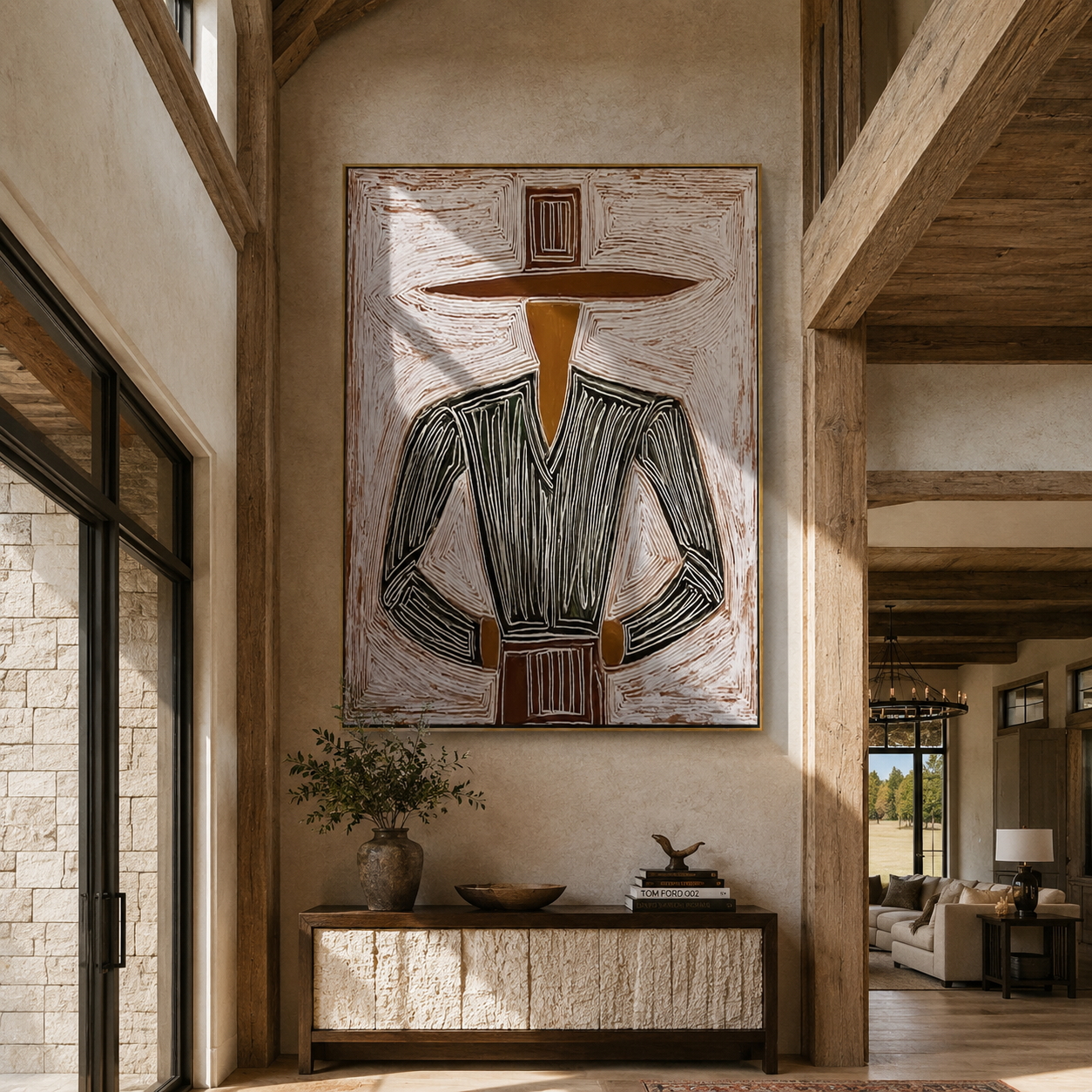 Charcoal Jacket Meets Pink Field - Charcoal Hat Figure painting by Adrian Lee, mid-century modern vertical wall art – styled room scene view 3