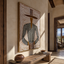 Charcoal Jacket Meets Pink Field - Charcoal Hat Figure painting by Adrian Lee, mid-century modern vertical wall art – styled room scene view 4