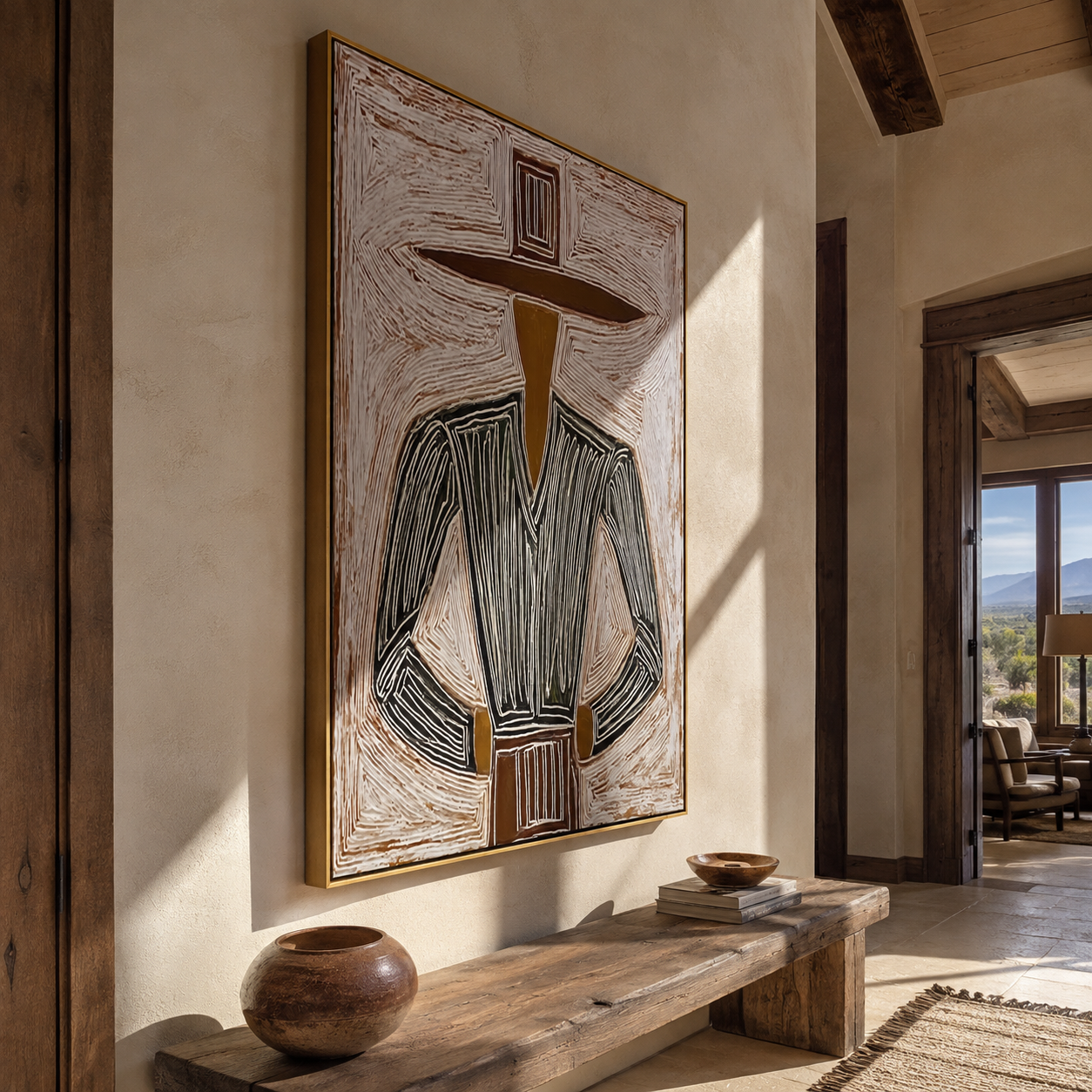 Charcoal Jacket Meets Pink Field - Charcoal Hat Figure painting by Adrian Lee, mid-century modern vertical wall art – styled room scene view 4