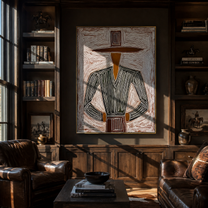 Charcoal Jacket Meets Pink Field - Charcoal Hat Figure painting by Adrian Lee, mid-century modern vertical wall art – styled room scene view 5