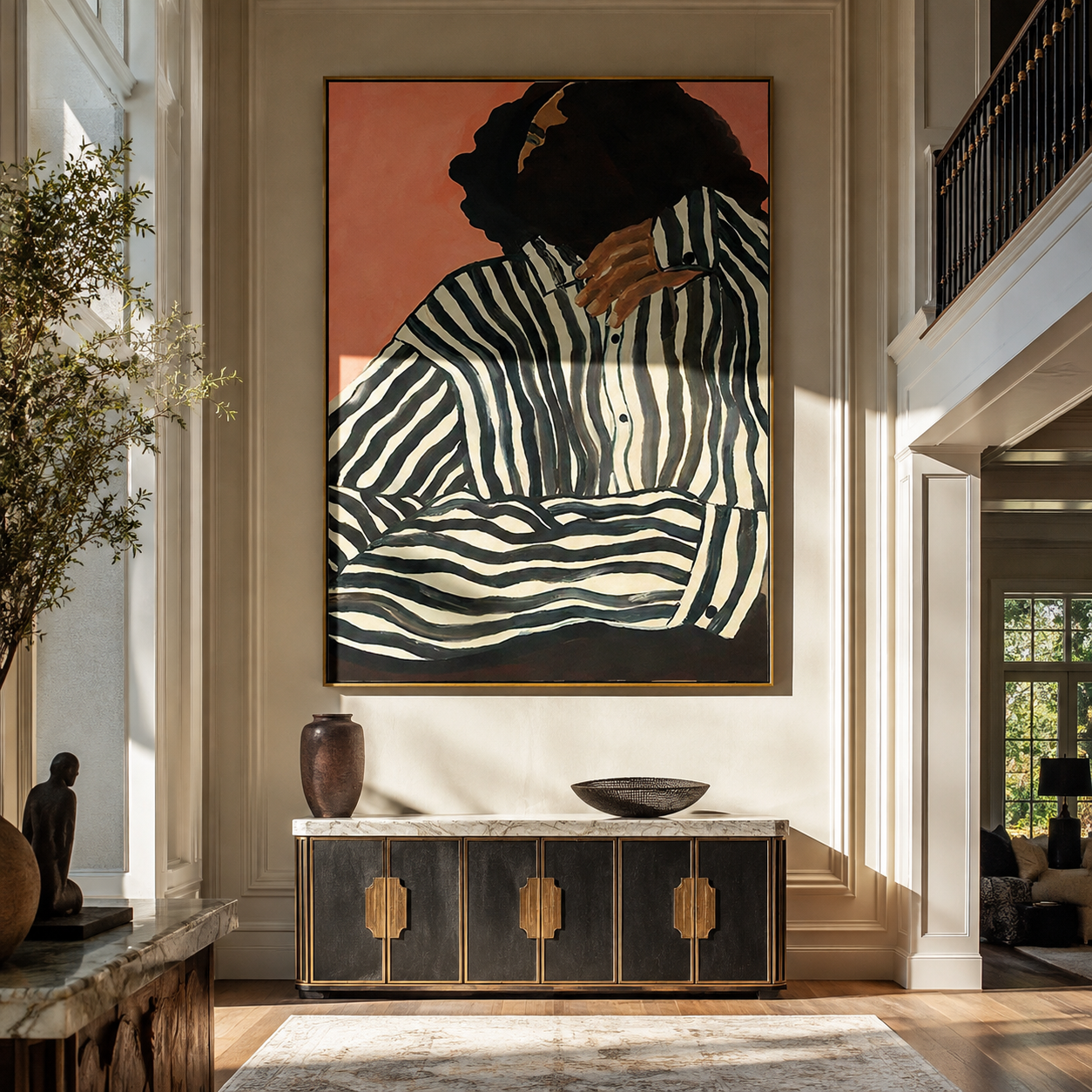 Green Stripes Fold in Coral Light - Contemplative Stripe Woman painting by Adrian Lee, mid-century modern vertical wall art – styled room scene view 1