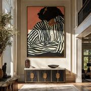 Green Stripes Fold in Coral Light - Contemplative Stripe Woman painting by Adrian Lee, mid-century modern vertical wall art – styled room scene view 1