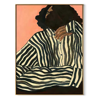 Green Stripes Fold in Coral Light - Contemplative Stripe Woman painting by Adrian Lee, mid-century modern vertical wall art – wood frame on white background