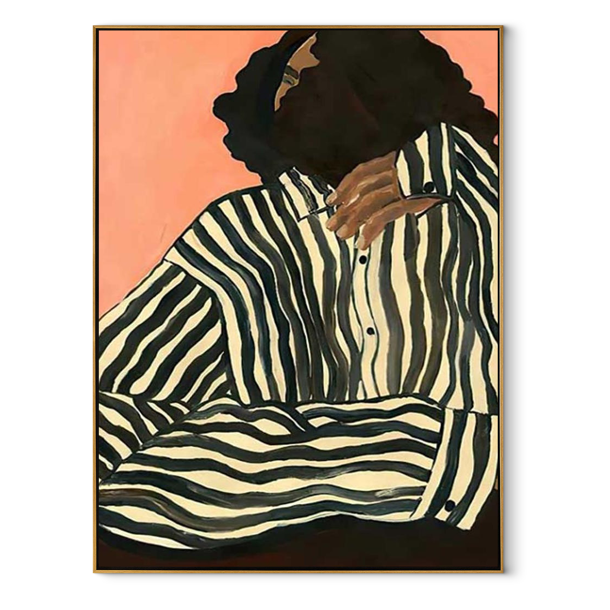 Green Stripes Fold in Coral Light - Contemplative Stripe Woman painting by Adrian Lee, mid-century modern vertical wall art – wood frame on white background