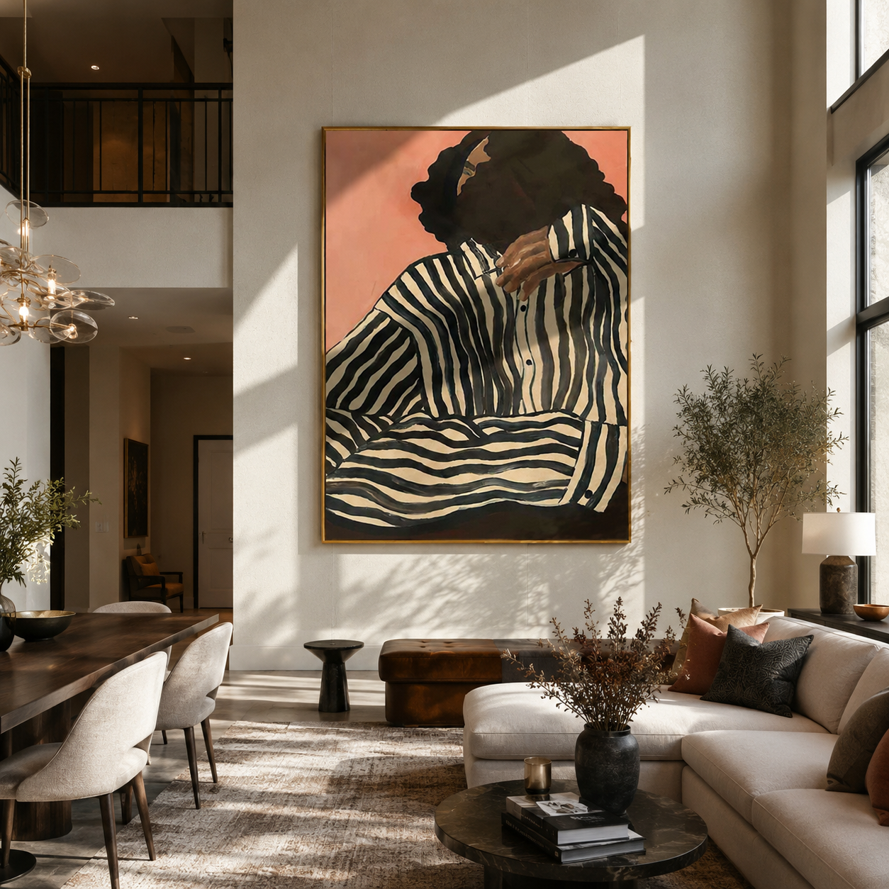 Green Stripes Fold in Coral Light - Contemplative Stripe Woman painting by Adrian Lee, mid-century modern vertical wall art – styled room scene view 2