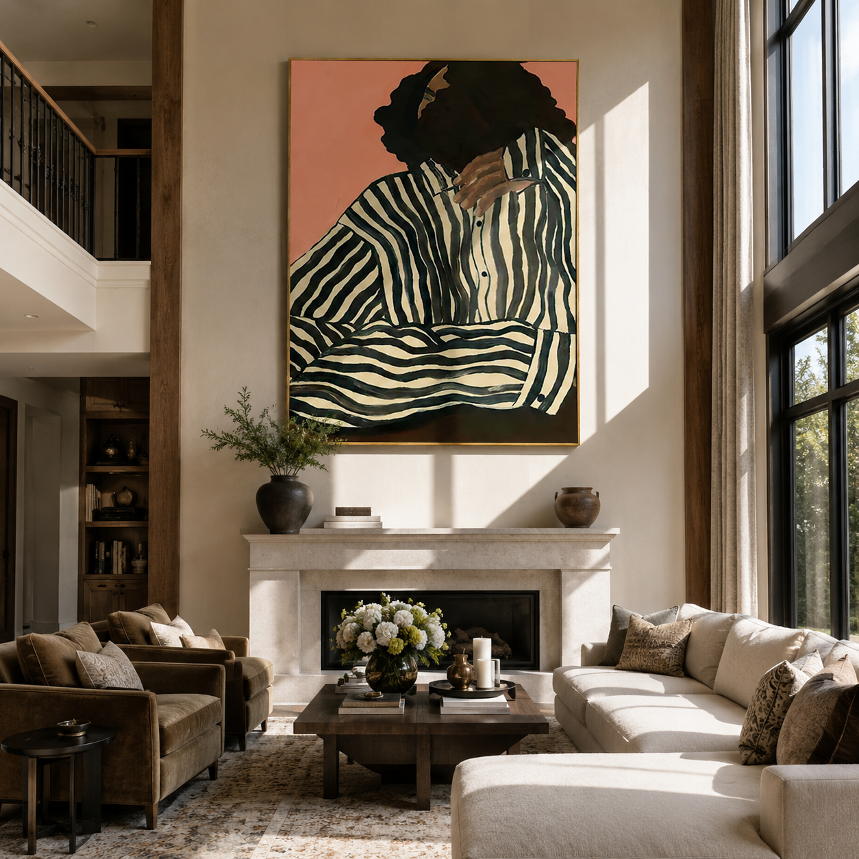Green Stripes Fold in Coral Light - Contemplative Stripe Woman painting by Adrian Lee, mid-century modern vertical wall art – styled room scene view 3
