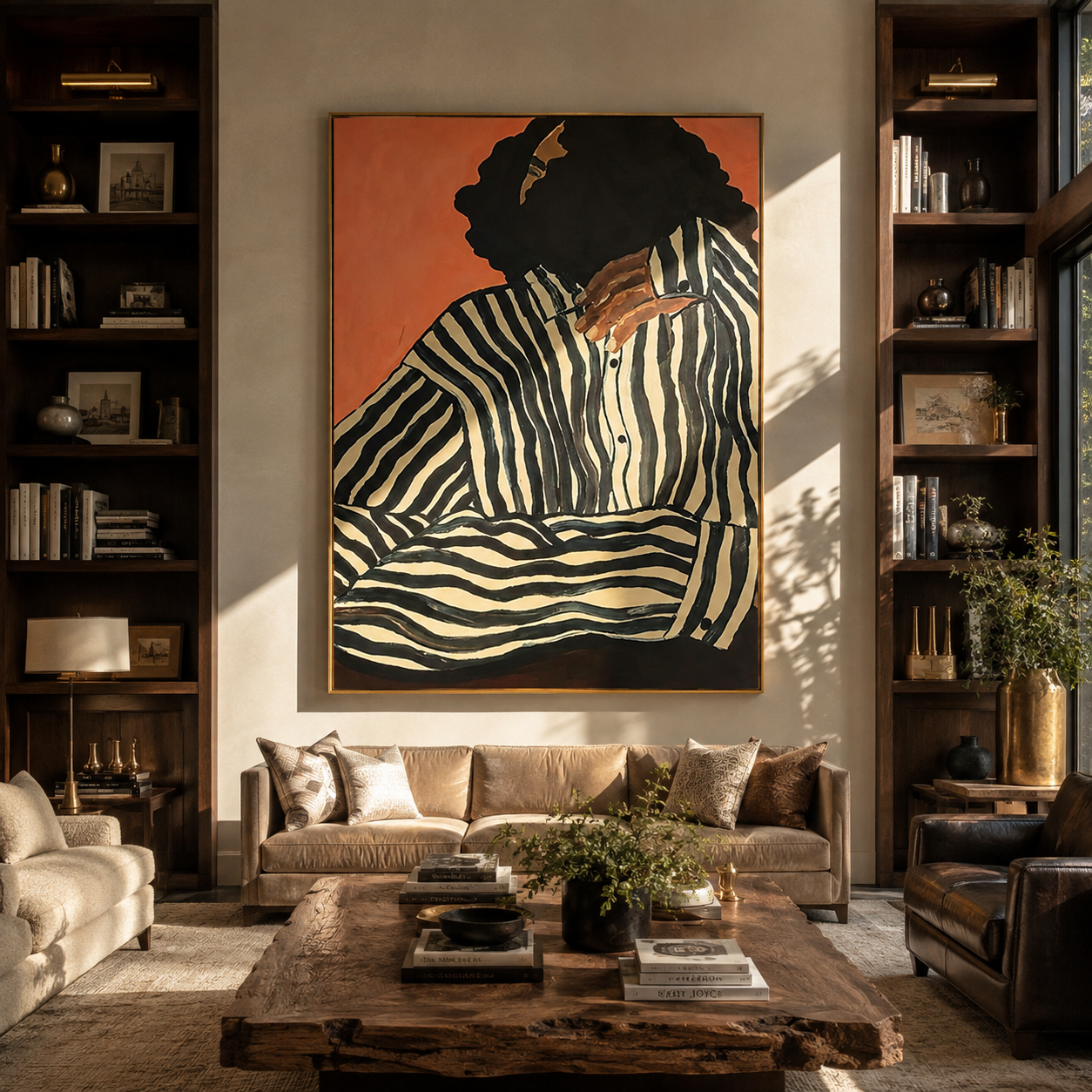 Green Stripes Fold in Coral Light - Contemplative Stripe Woman painting by Adrian Lee, mid-century modern vertical wall art – styled room scene view 4