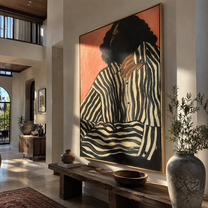 Green Stripes Fold in Coral Light - Contemplative Stripe Woman painting by Adrian Lee, mid-century modern vertical wall art – styled room scene view 5