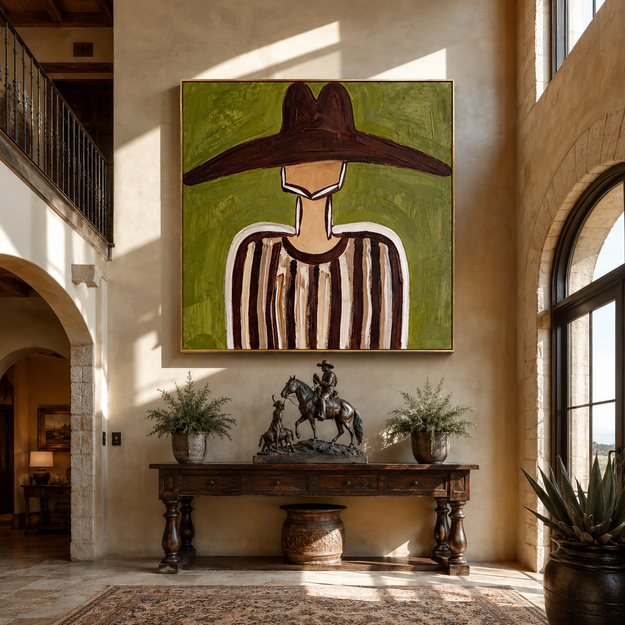 Brown Brim Crosses Olive - Brown Stripe Hat Portrait painting by Adrian Lee, mid-century modern square wall art – styled room scene view 1