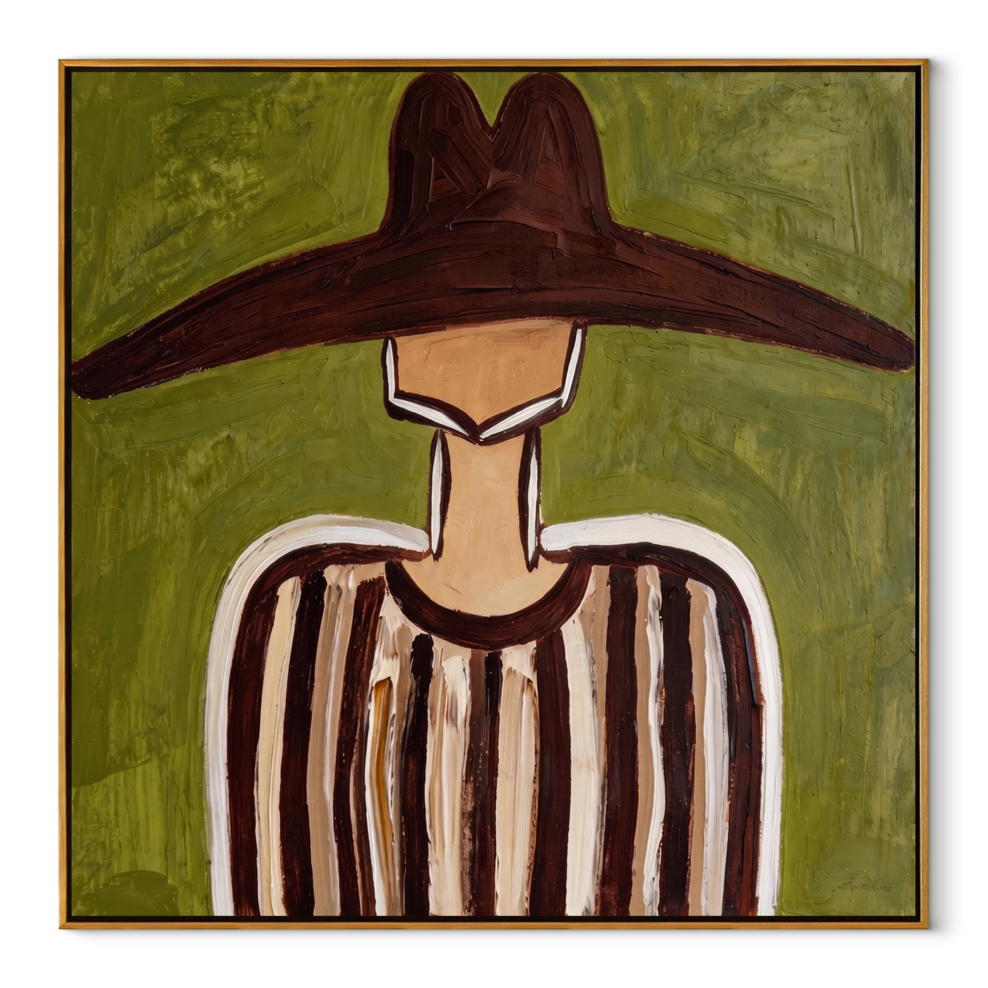 Brown Brim Crosses Olive - Brown Stripe Hat Portrait painting by Adrian Lee, mid-century modern square wall art – wood frame on white background