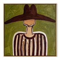 Brown Brim Crosses Olive - Brown Stripe Hat Portrait painting by Adrian Lee, mid-century modern square wall art – wood frame on white background