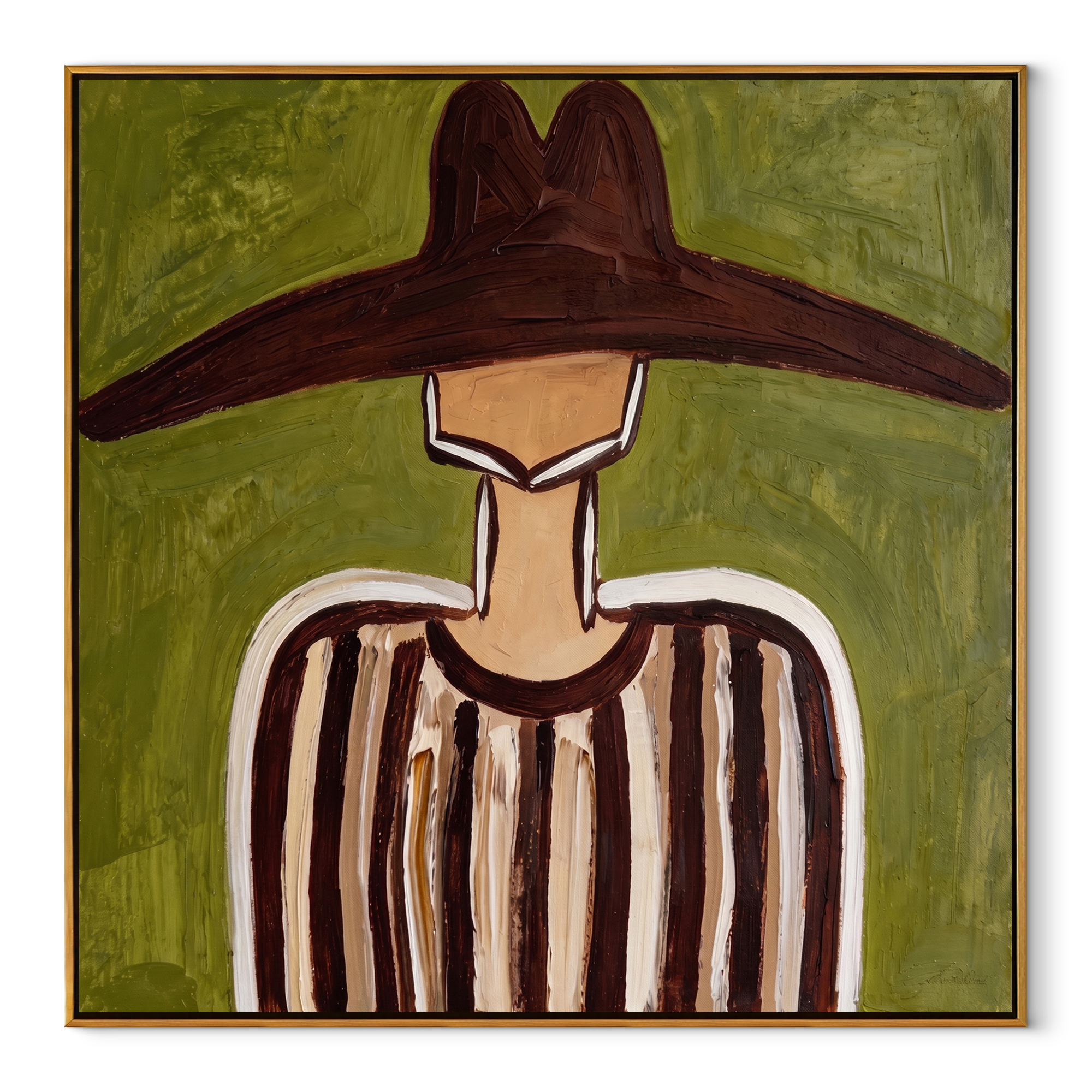 Brown Brim Crosses Olive - Brown Stripe Hat Portrait painting by Adrian Lee, mid-century modern square wall art – wood frame on white background