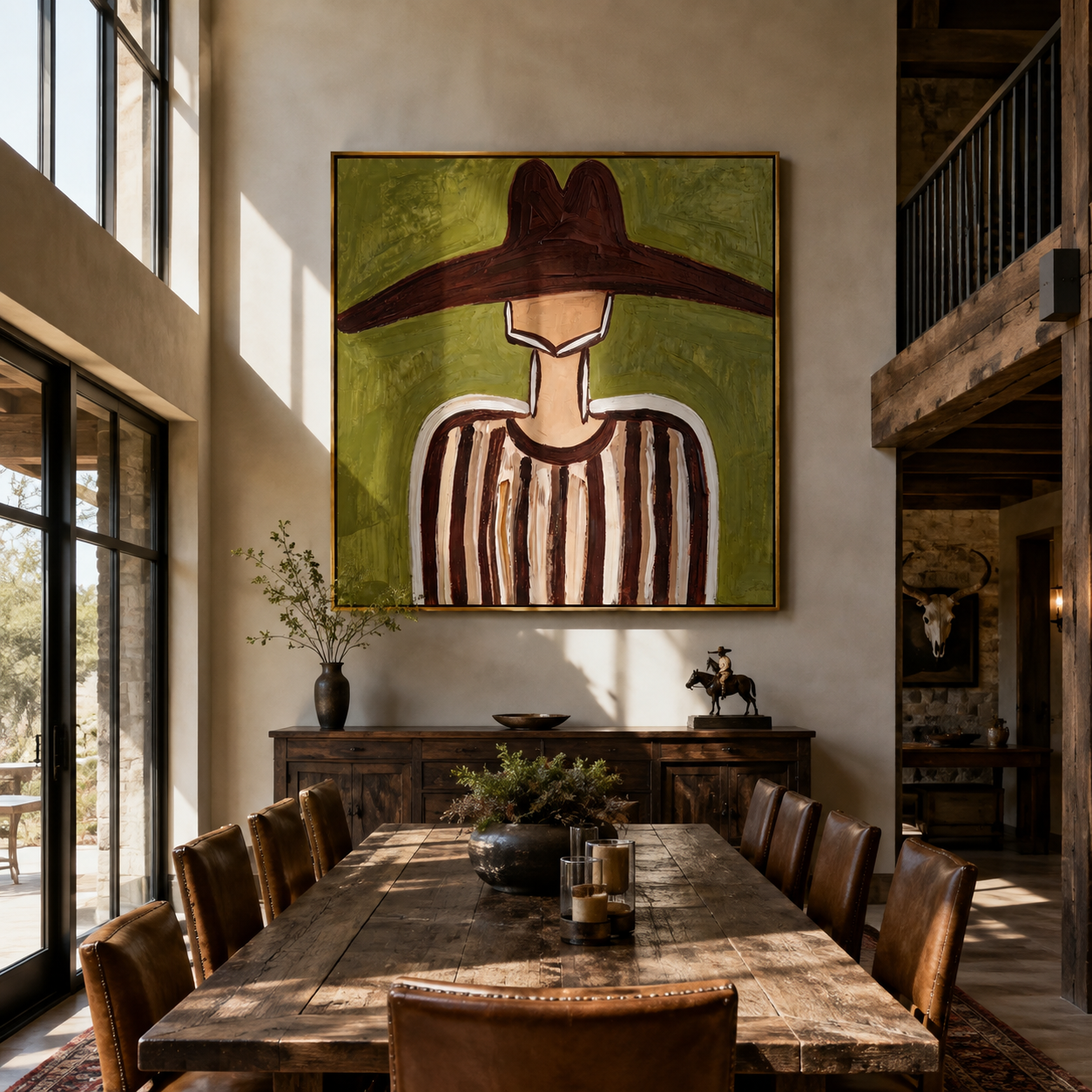 Brown Brim Crosses Olive - Brown Stripe Hat Portrait painting by Adrian Lee, mid-century modern square wall art – styled room scene view 2