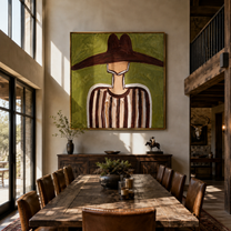 Brown Brim Crosses Olive - Brown Stripe Hat Portrait painting by Adrian Lee, mid-century modern square wall art – styled room scene view 2