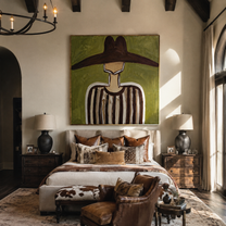 Brown Brim Crosses Olive - Brown Stripe Hat Portrait painting by Adrian Lee, mid-century modern square wall art – styled room scene view 3