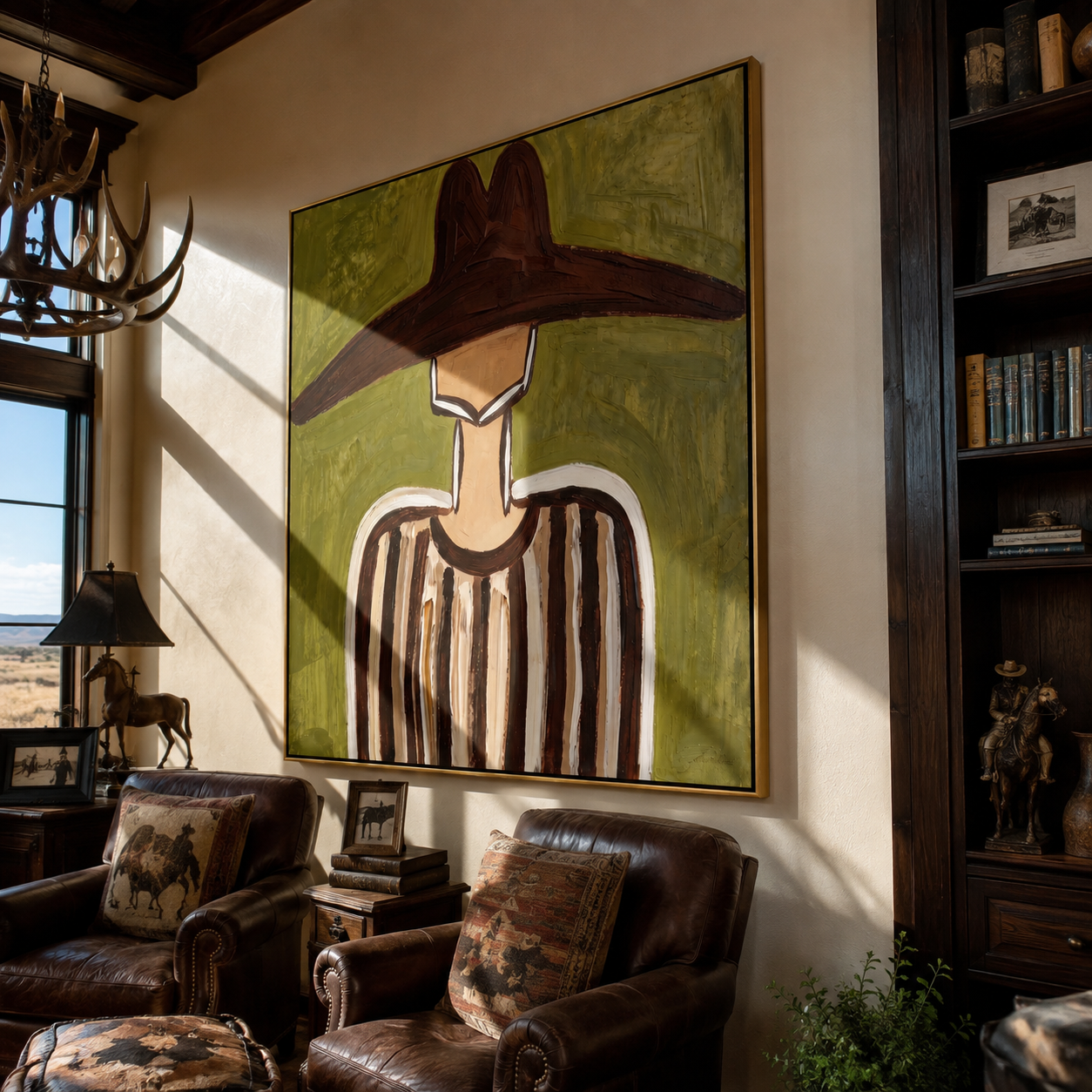 Brown Brim Crosses Olive - Brown Stripe Hat Portrait painting by Adrian Lee, mid-century modern square wall art – styled room scene view 4