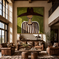 Brown Brim Crosses Olive - Brown Stripe Hat Portrait painting by Adrian Lee, mid-century modern square wall art – styled room scene view 5