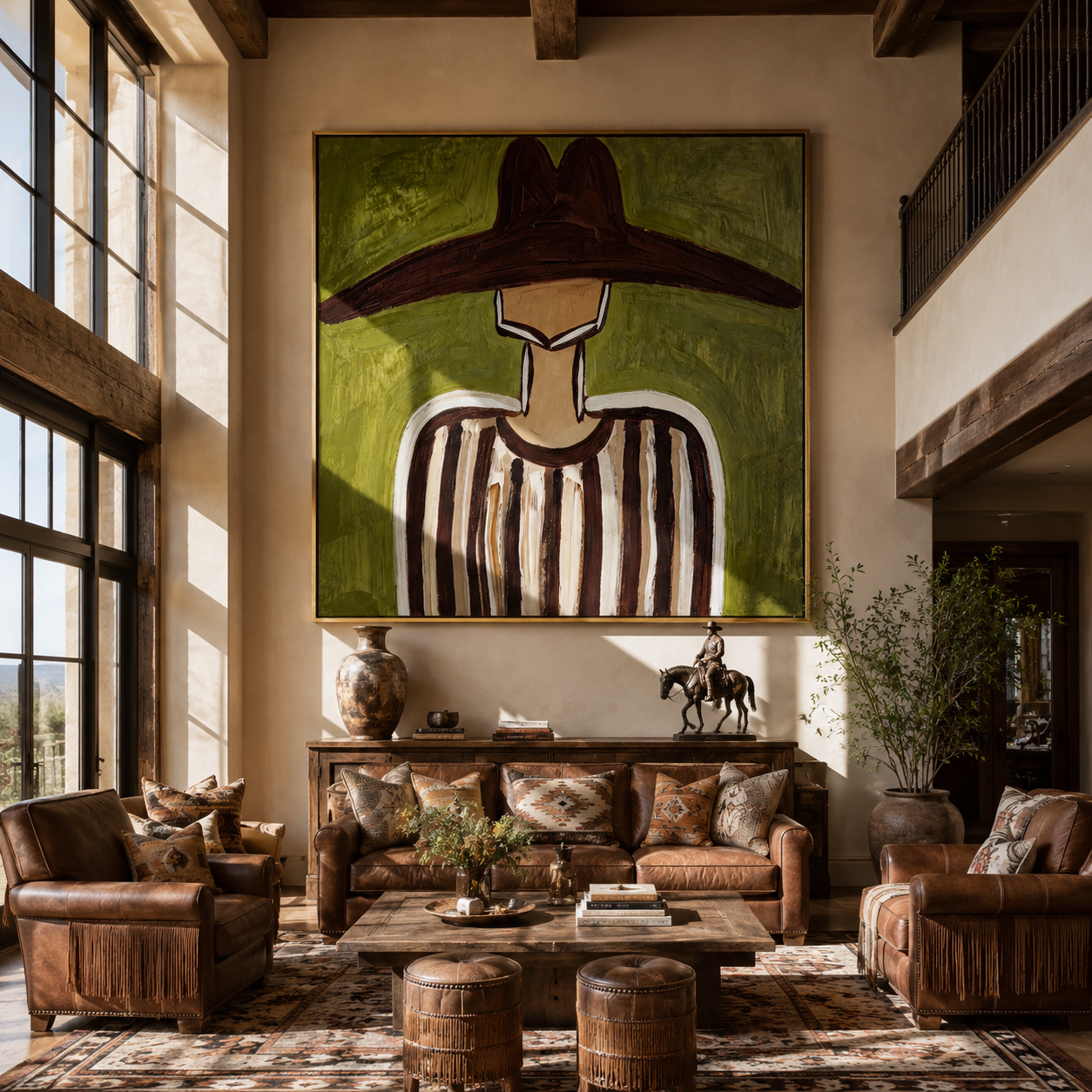 Brown Brim Crosses Olive - Brown Stripe Hat Portrait painting by Adrian Lee, mid-century modern square wall art – styled room scene view 5