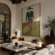Green Jacket Walks the Plain - Standing Green Jacket Figure painting by Adrian Lee, mid-century modern vertical wall art – styled room scene view 1