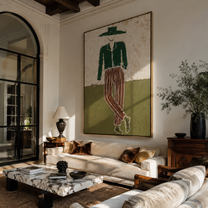 Green Jacket Walks the Plain - Standing Green Jacket Figure painting by Adrian Lee, mid-century modern vertical wall art – styled room scene view 1